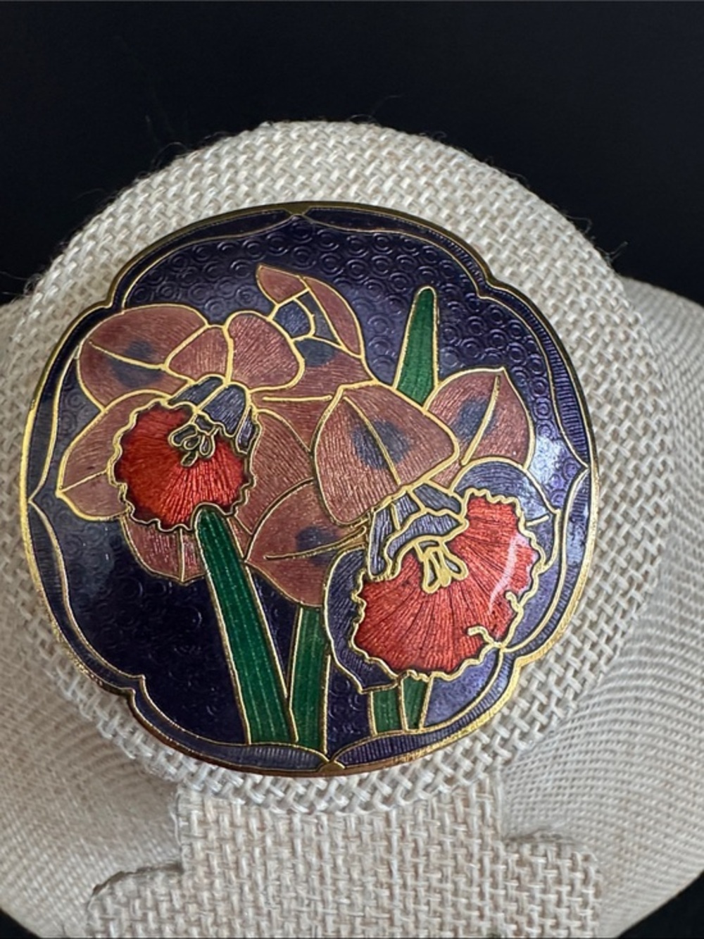 VTG Cloisonne Belt Buckle Scarf Slide Daffodil Flower Gold tone 1970s 1980s